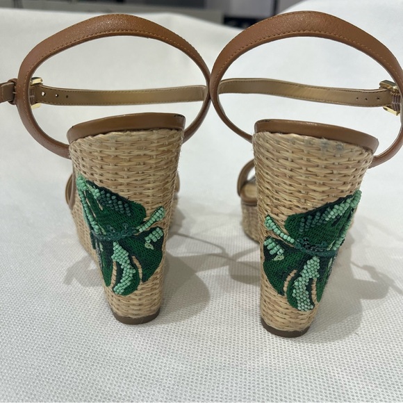 MICHAEL Michael Kors Fisher Leather & Palm Tree Embroidered Wedges Tan Size 7.5 - Picture 6 of 8